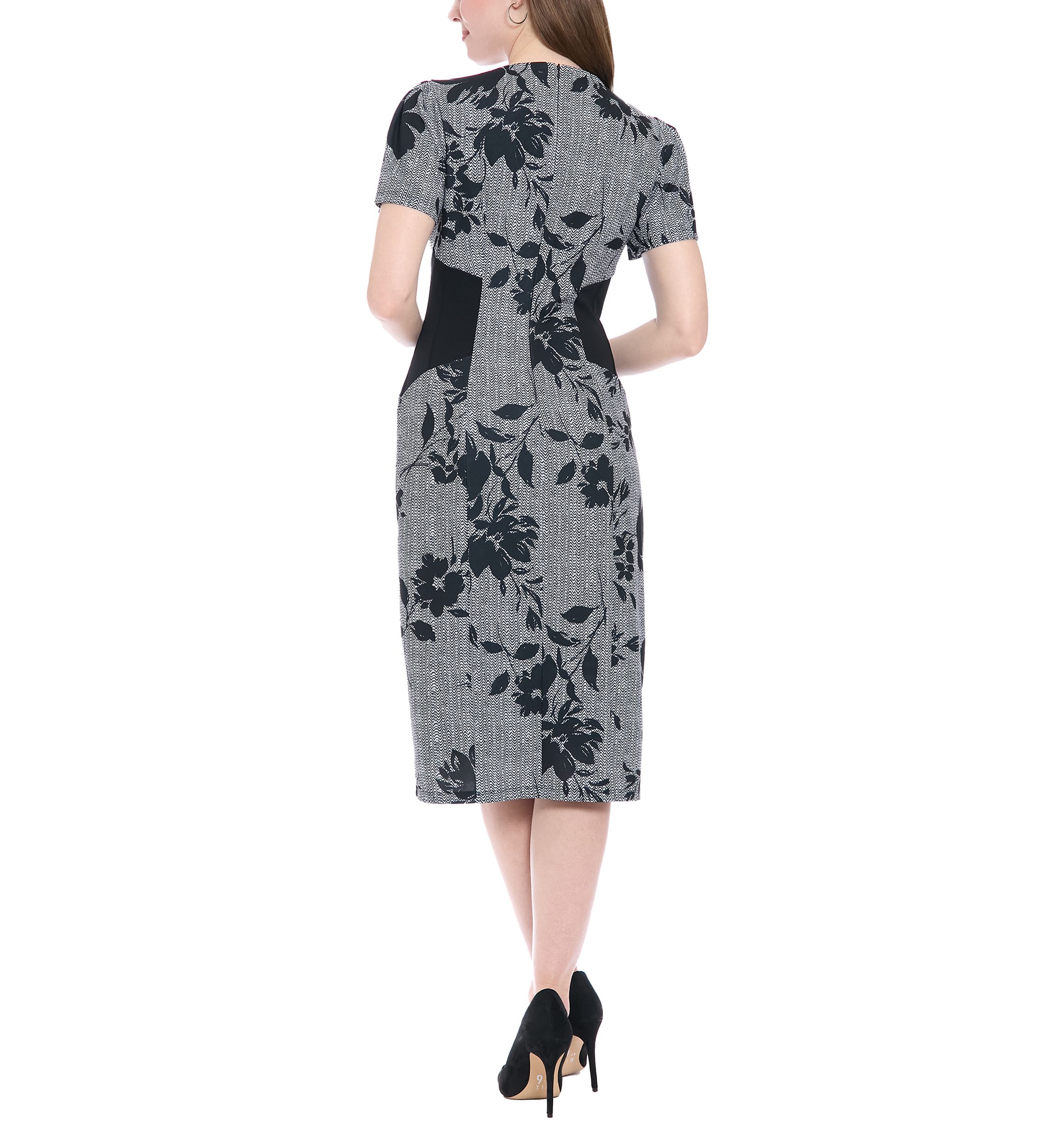 Womens Short Sleeve Crew Neck Floral Print Ponte Midi Dress