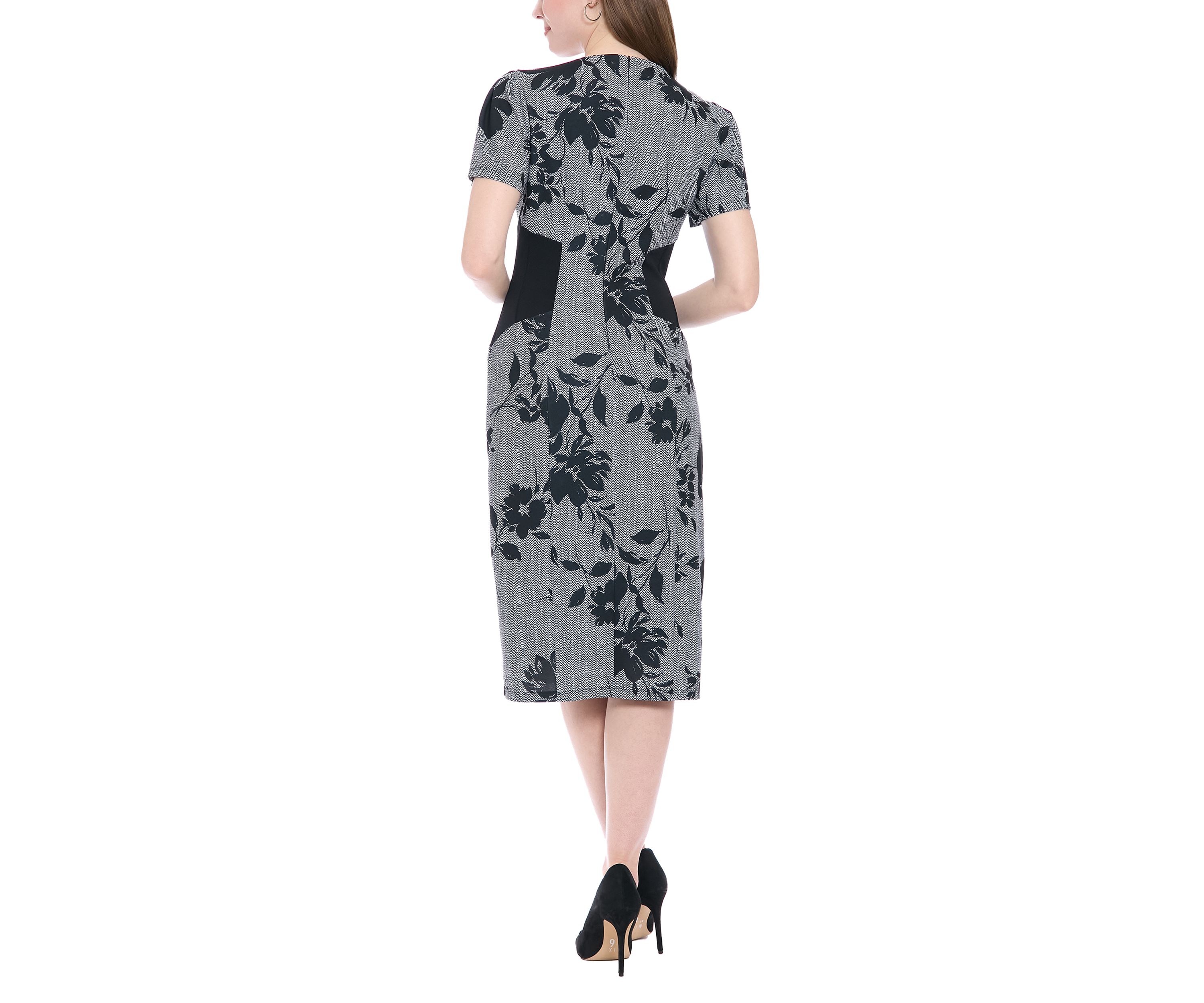 Womens Short Sleeve Crew Neck Floral Print Ponte Midi Dress