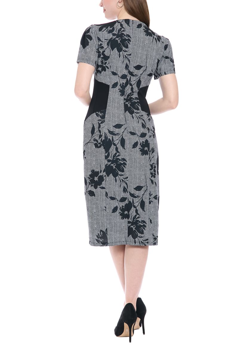 Womens Short Sleeve Crew Neck Floral Print Ponte Midi Dress