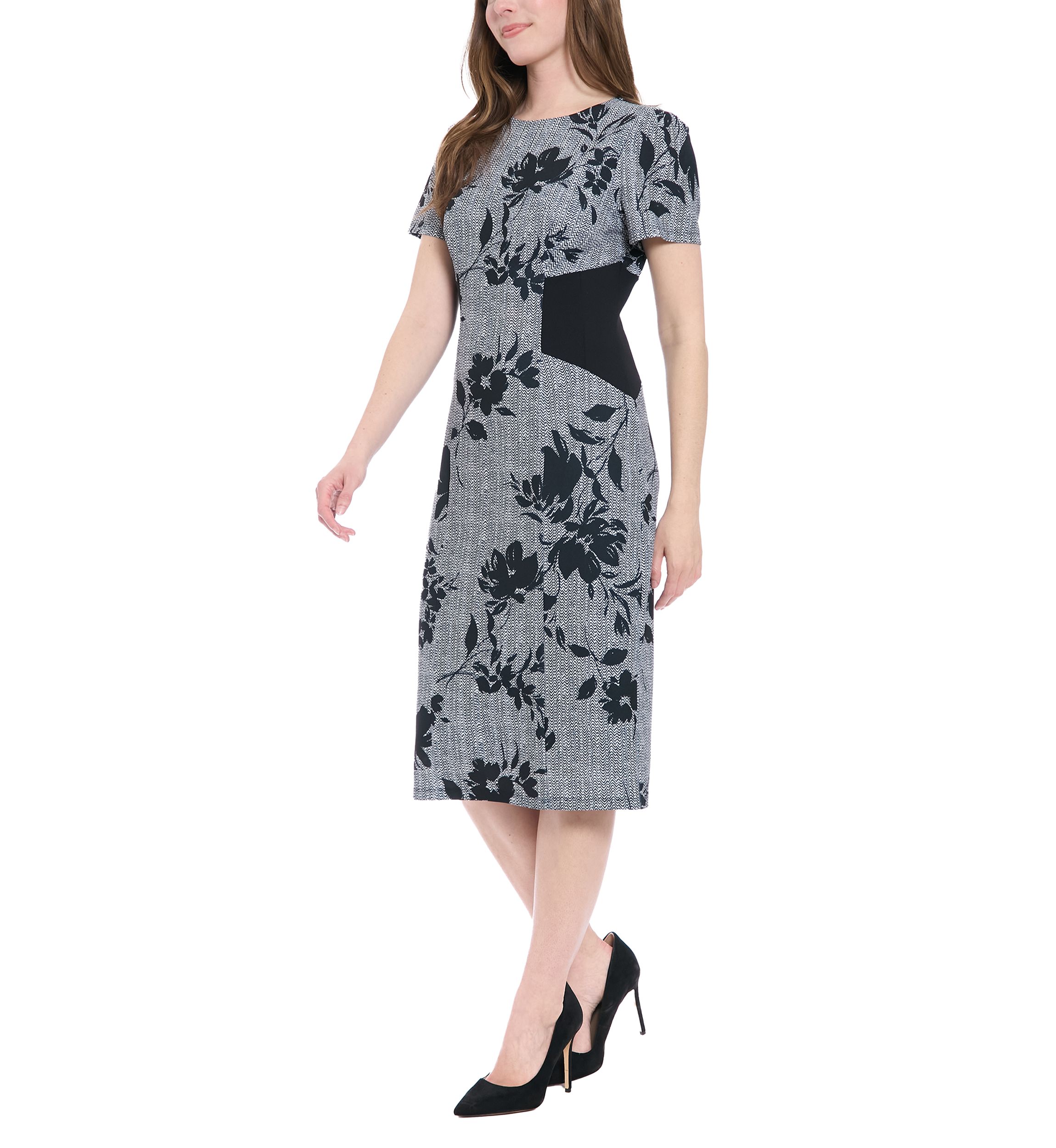Womens Short Sleeve Crew Neck Floral Print Ponte Midi Dress