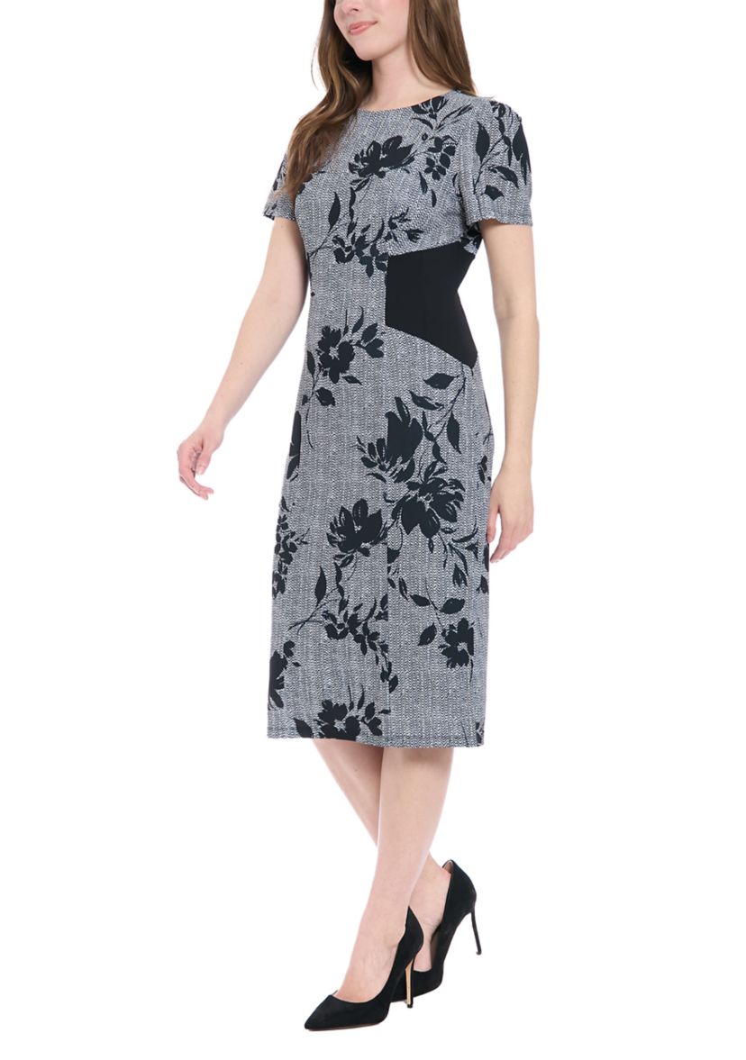 Womens Short Sleeve Crew Neck Floral Print Ponte Midi Dress