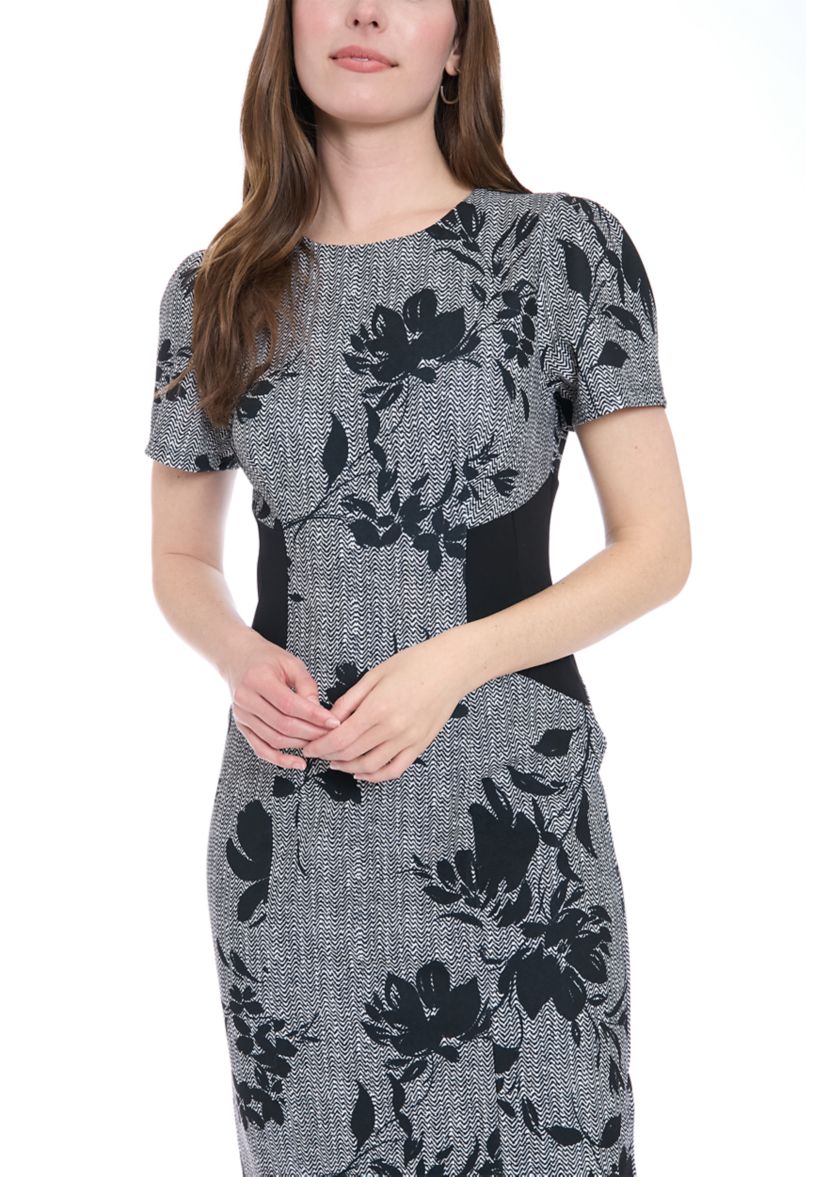 Womens Short Sleeve Crew Neck Floral Print Ponte Midi Dress