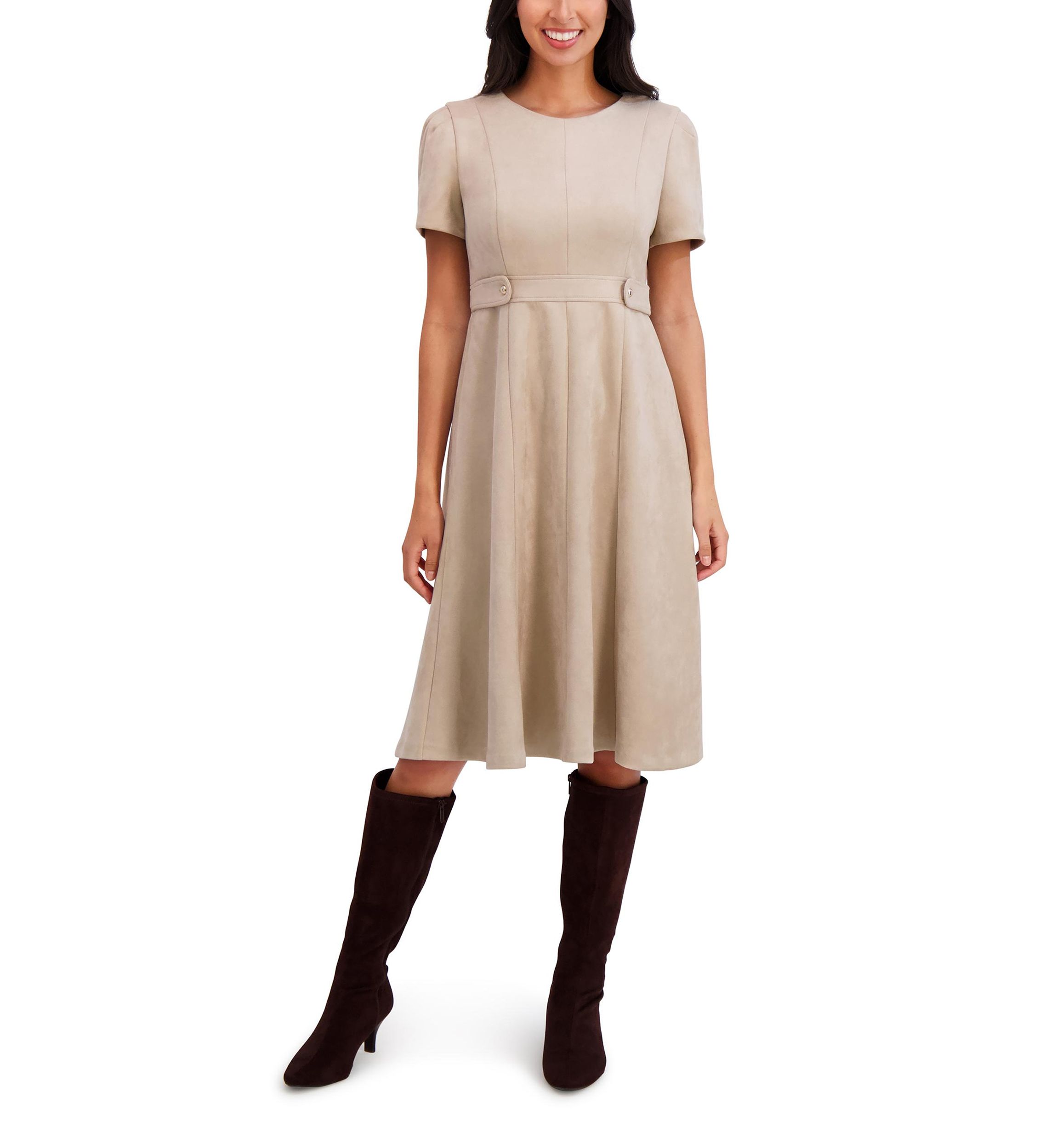 Womens Short Sleeve Crew Neck Solid Suede A-Line Dress 