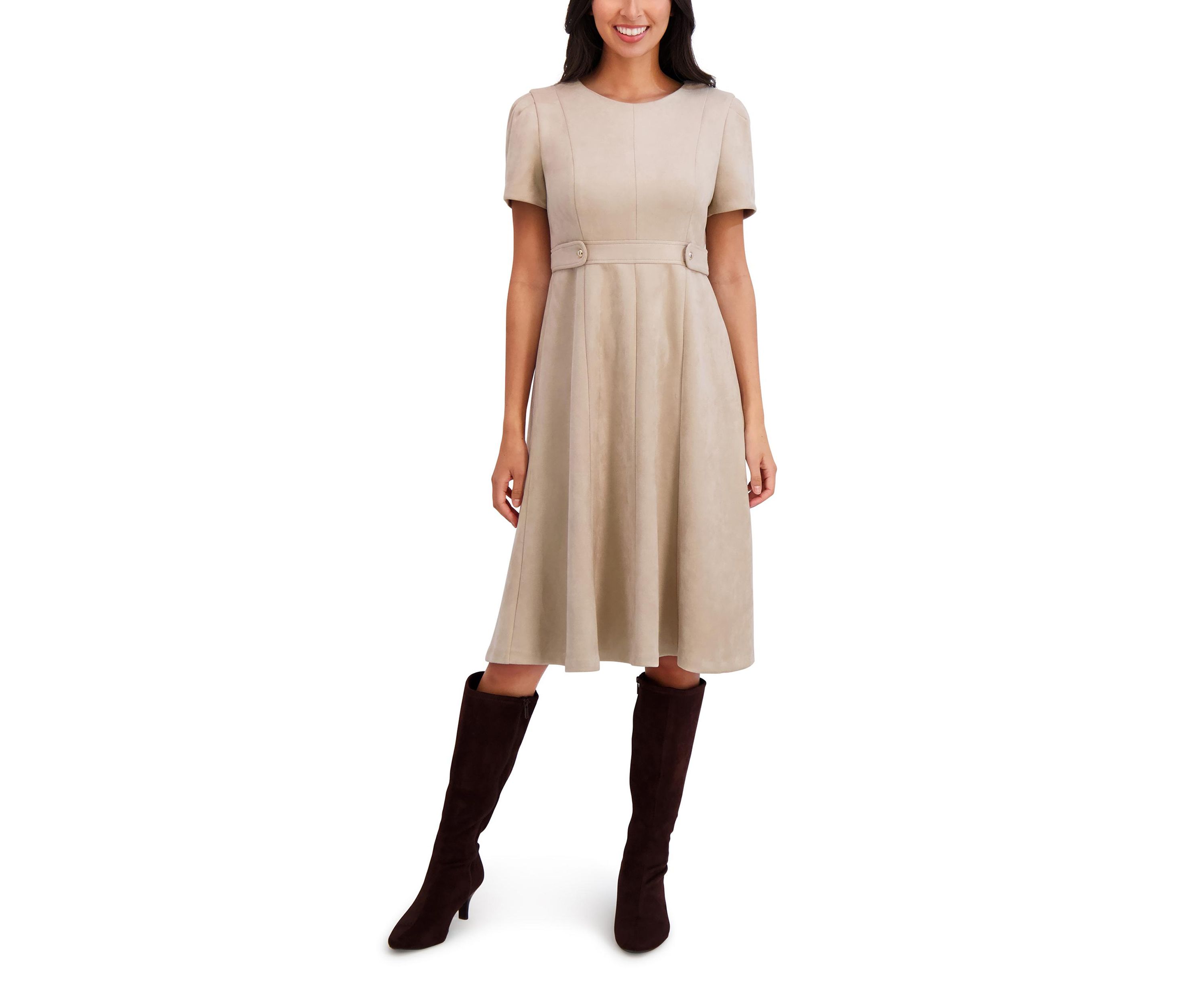 Womens Short Sleeve Crew Neck Solid Suede A-Line Dress 