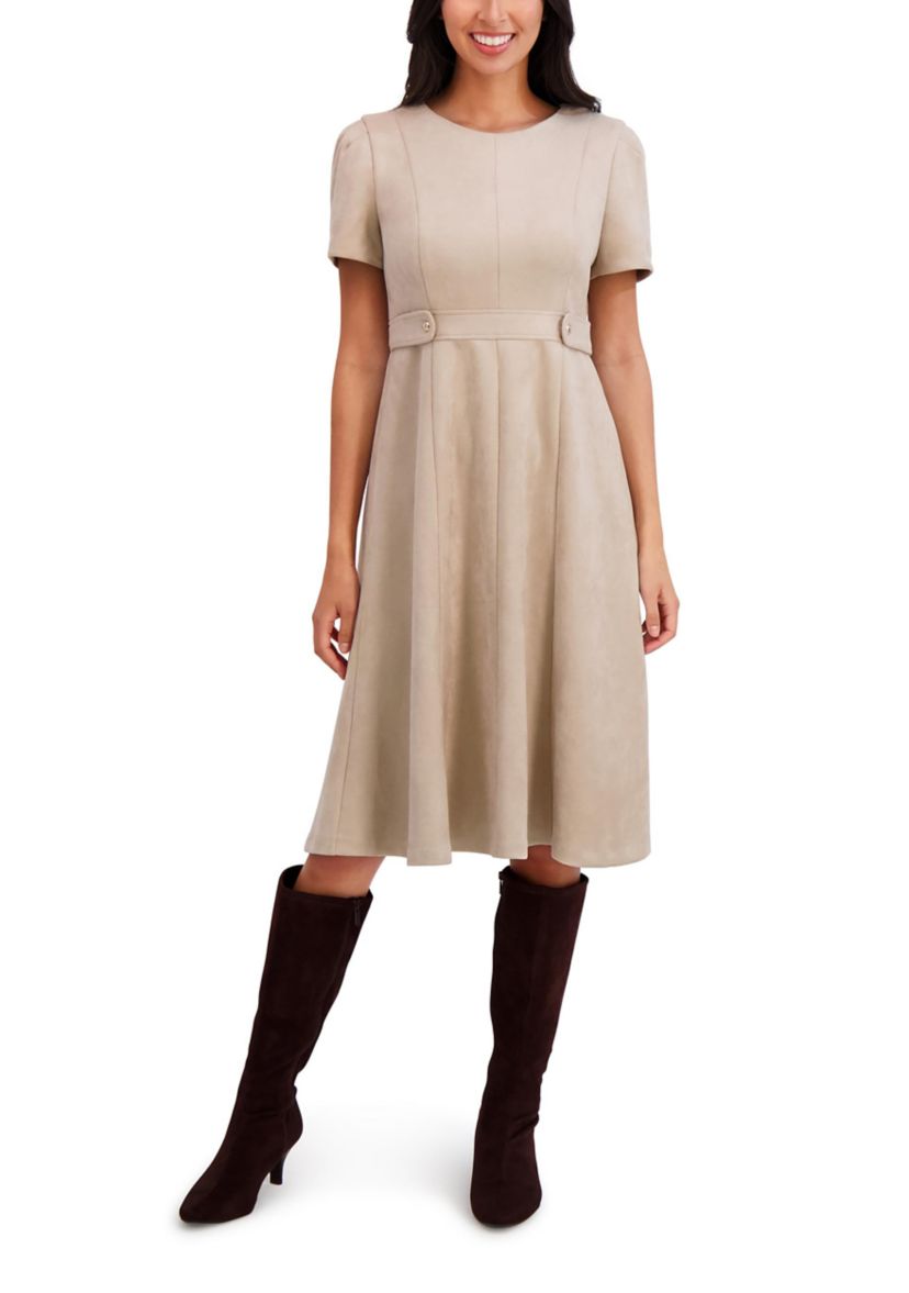 Womens Short Sleeve Crew Neck Solid Suede A-Line Dress 