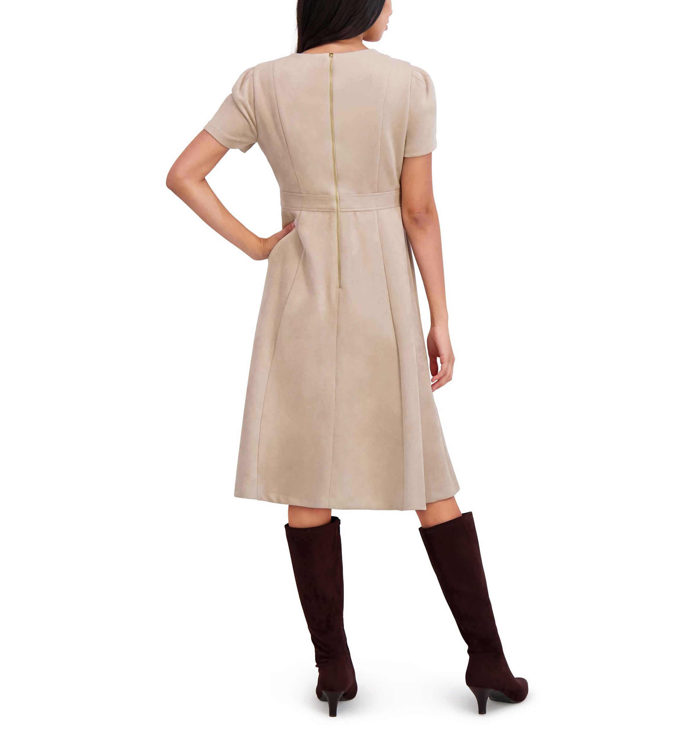 Womens Short Sleeve Crew Neck Solid Suede A-Line Dress 