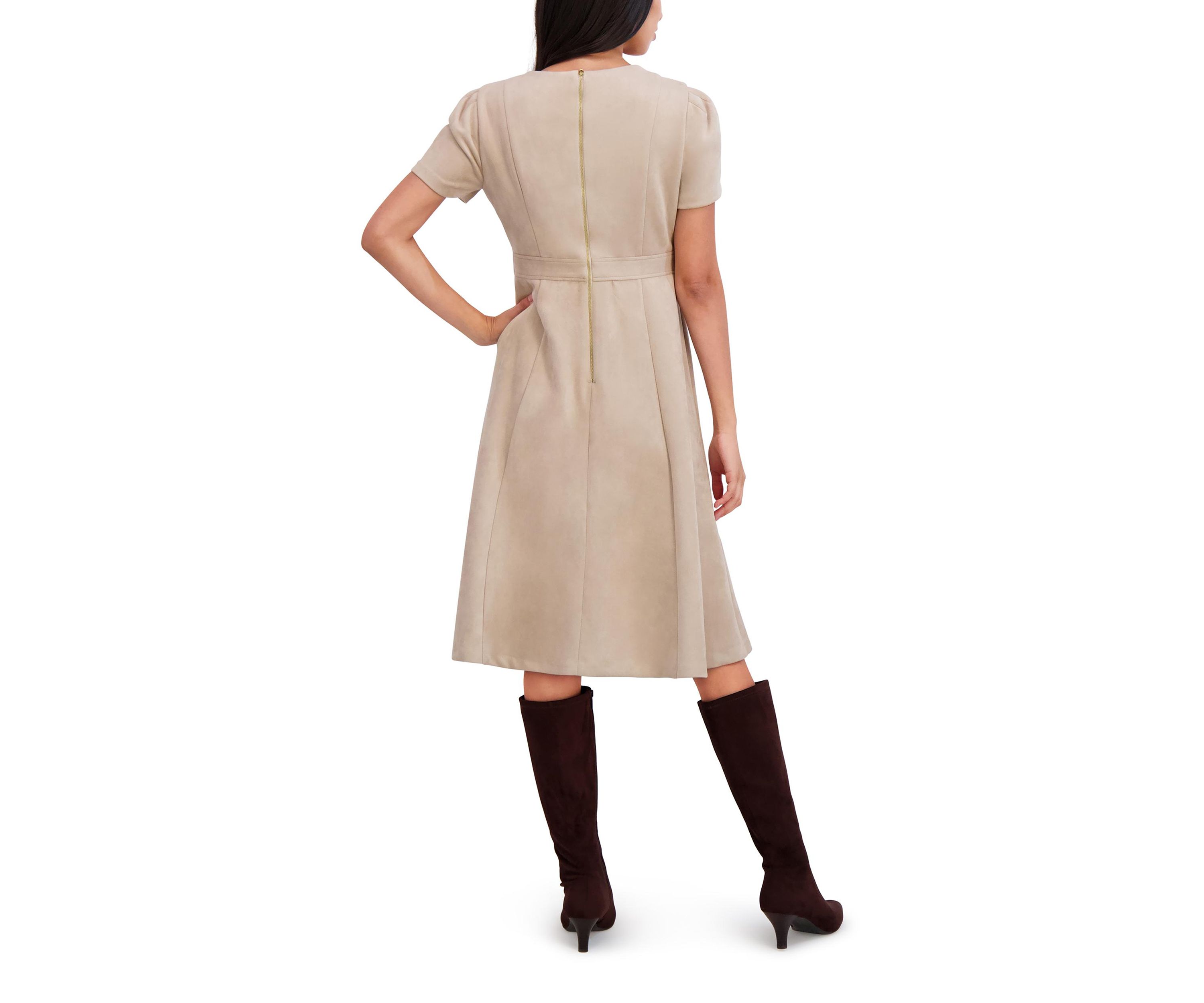 Womens Short Sleeve Crew Neck Solid Suede A-Line Dress 