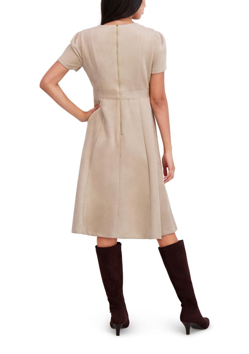 Womens Short Sleeve Crew Neck Solid Suede A-Line Dress 