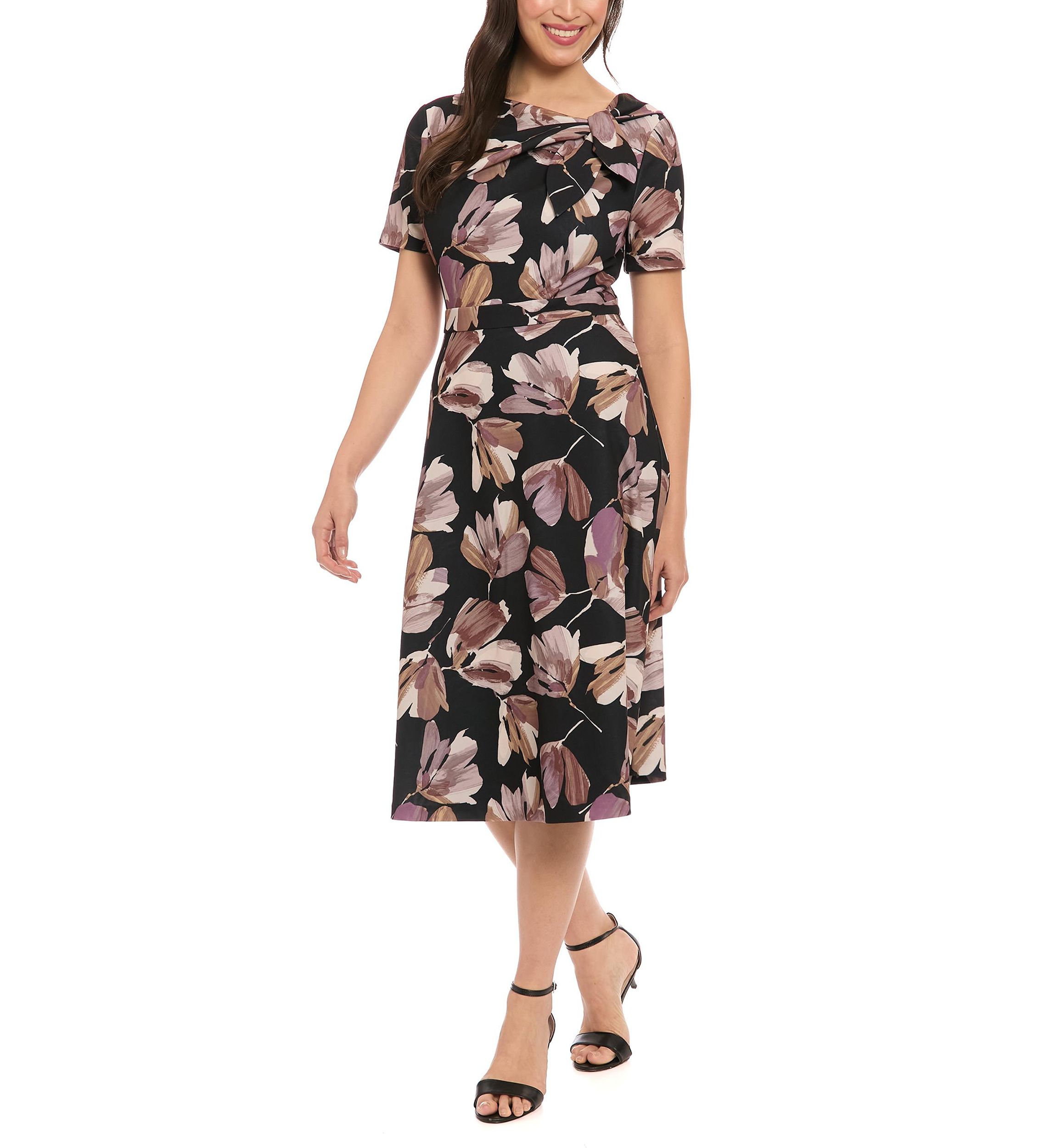 Womens Short Sleeve Crew Neck Floral Print Scuba A-Line Dress