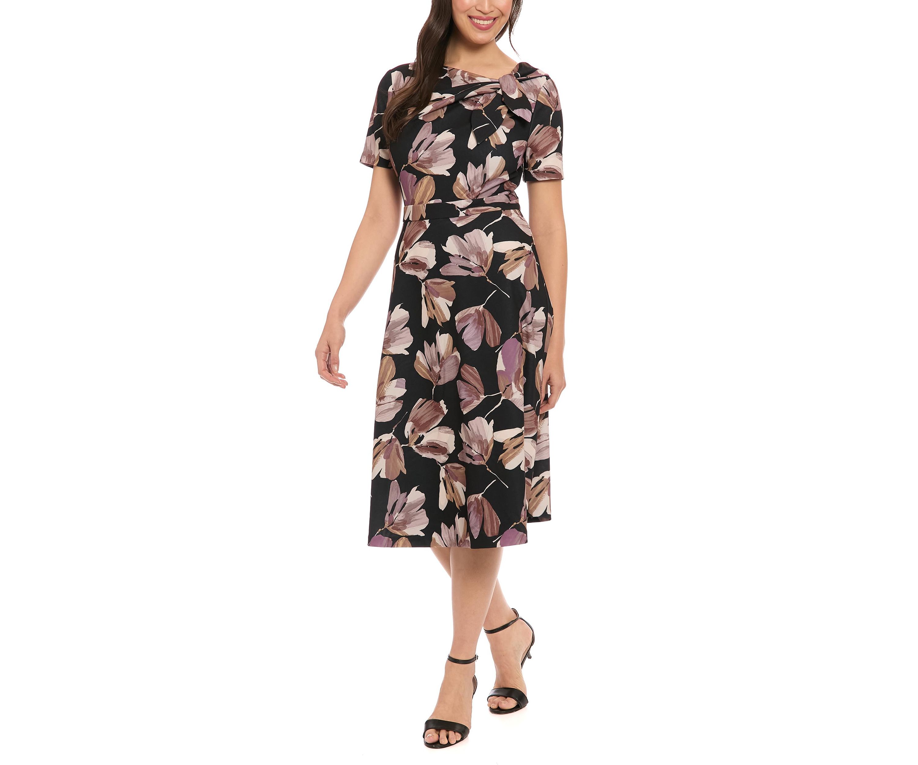 Womens Short Sleeve Crew Neck Floral Print Scuba A-Line Dress