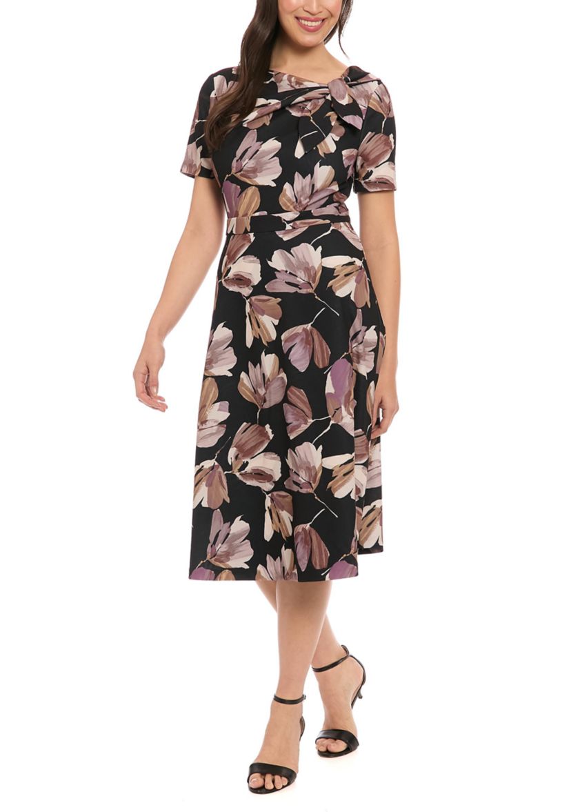 Womens Short Sleeve Crew Neck Floral Print Scuba A-Line Dress