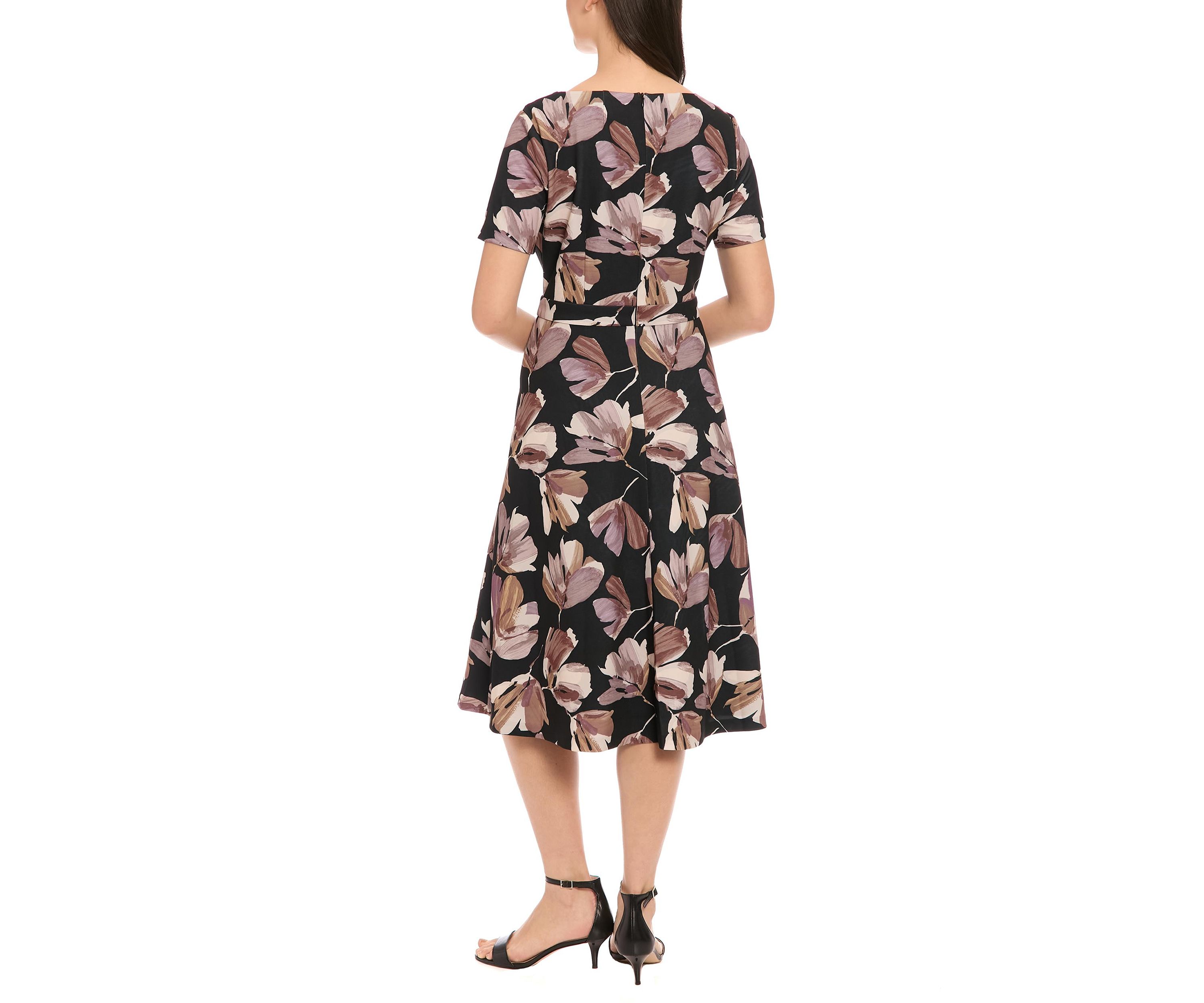 Womens Short Sleeve Crew Neck Floral Print Scuba A-Line Dress