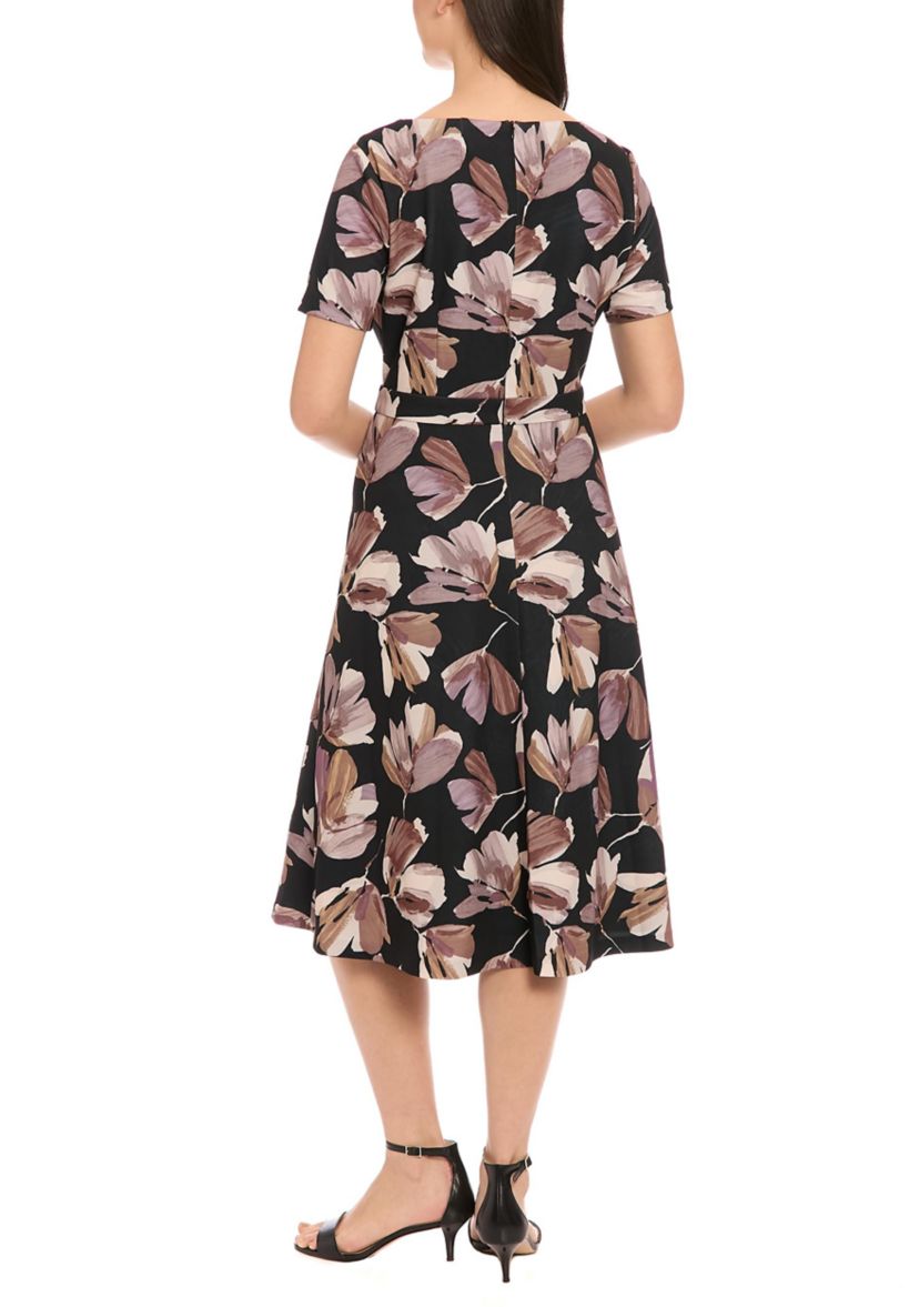 Womens Short Sleeve Crew Neck Floral Print Scuba A-Line Dress