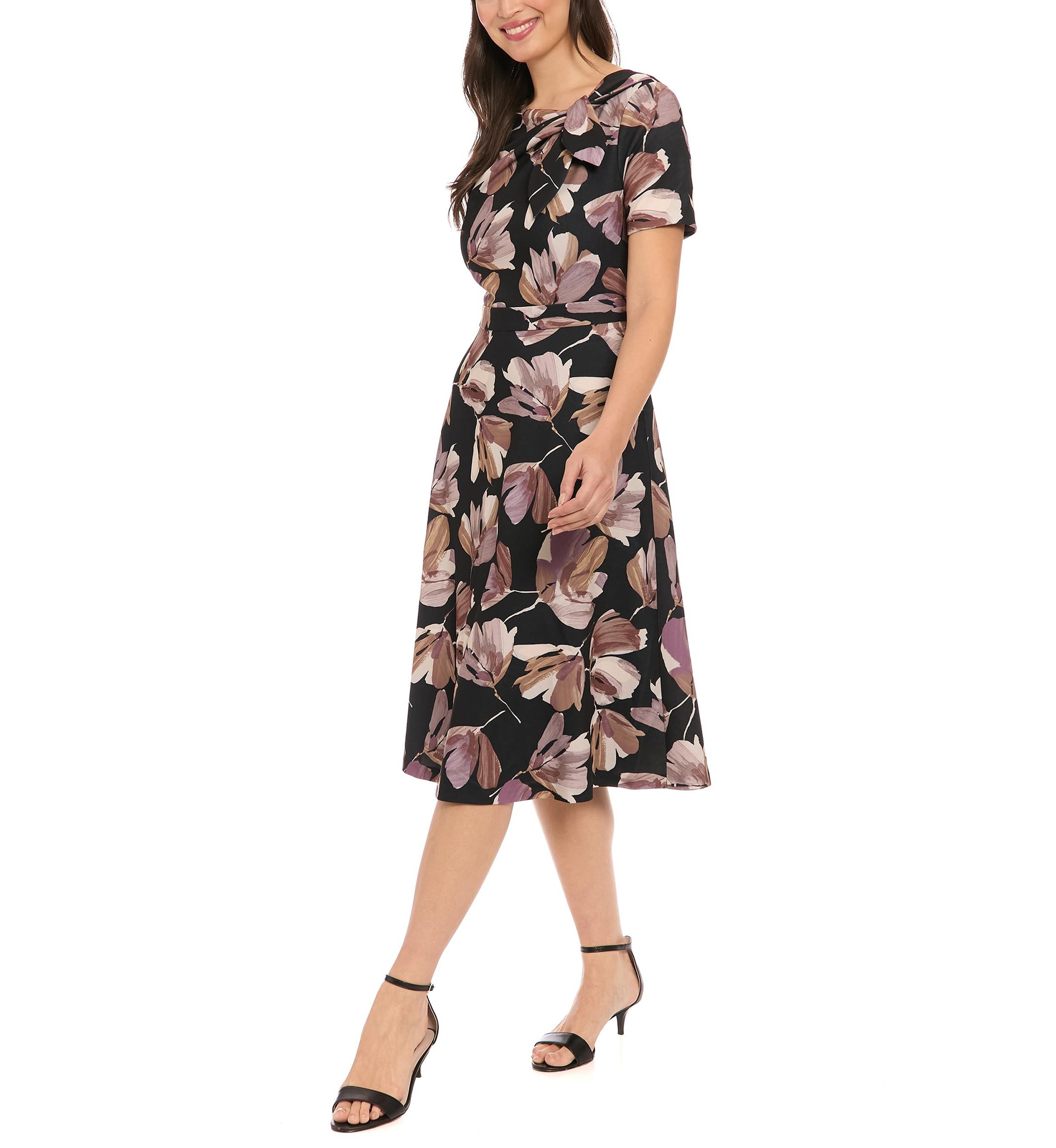 Womens Short Sleeve Crew Neck Floral Print Scuba A-Line Dress