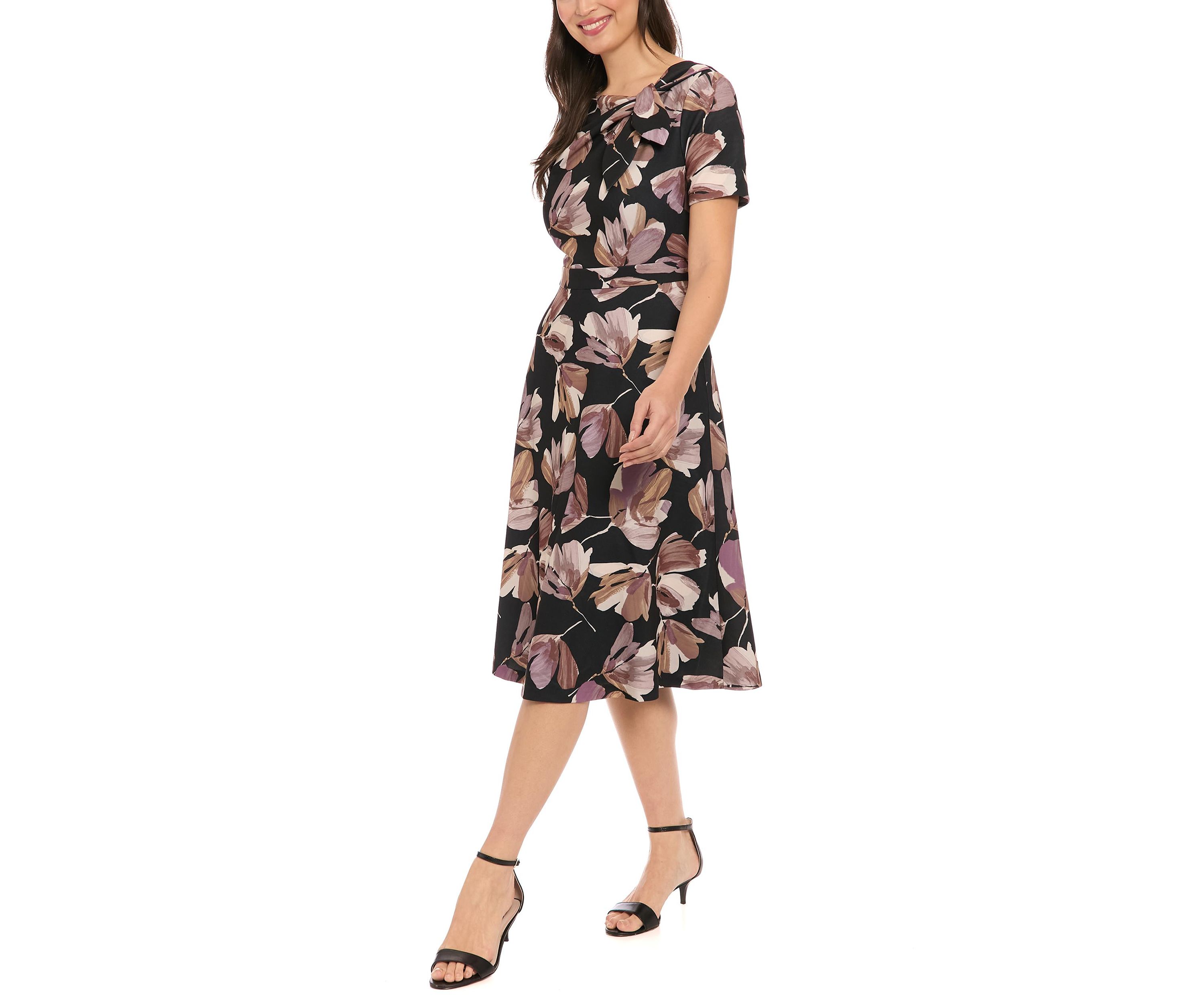 Womens Short Sleeve Crew Neck Floral Print Scuba A-Line Dress