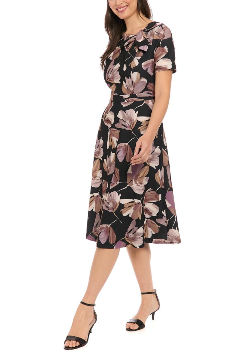 Womens Short Sleeve Crew Neck Floral Print Scuba A-Line Dress
