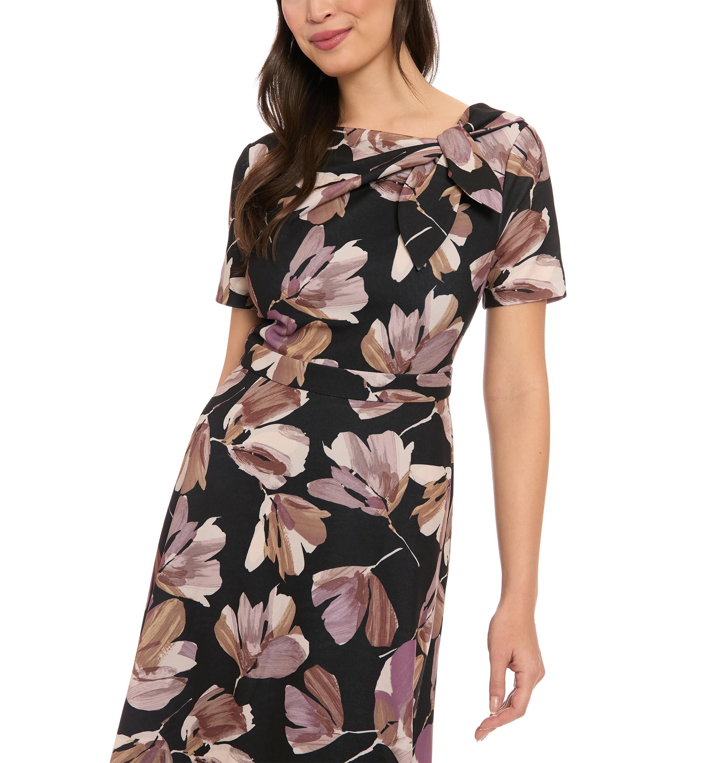 Womens Short Sleeve Crew Neck Floral Print Scuba A-Line Dress