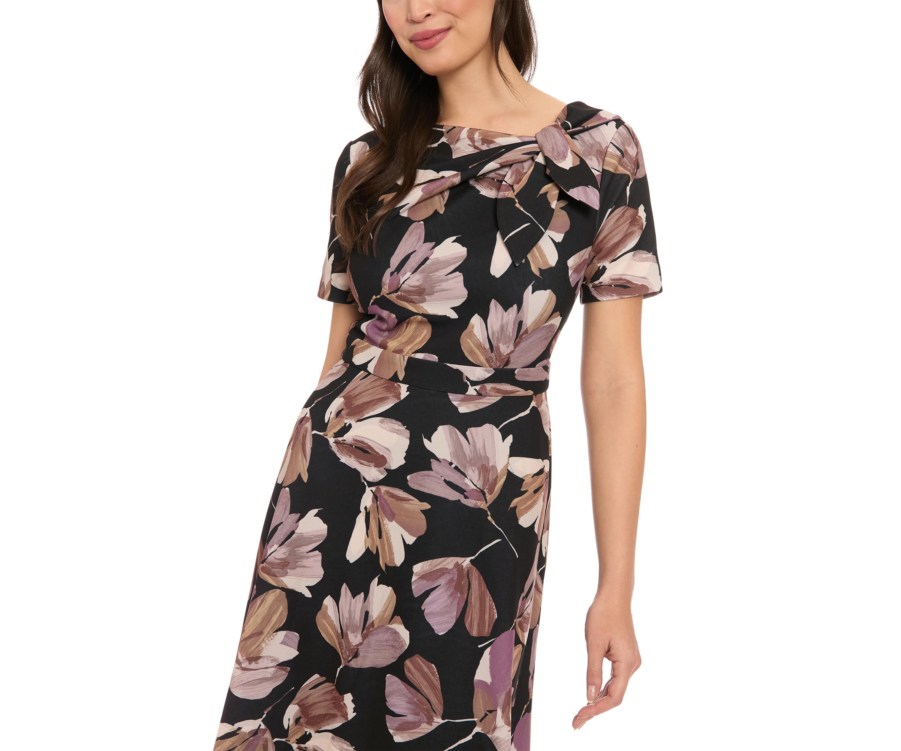 Womens Short Sleeve Crew Neck Floral Print Scuba A-Line Dress