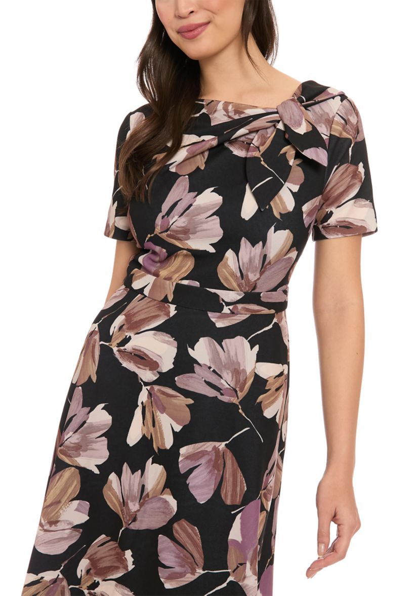 Womens Short Sleeve Crew Neck Floral Print Scuba A-Line Dress