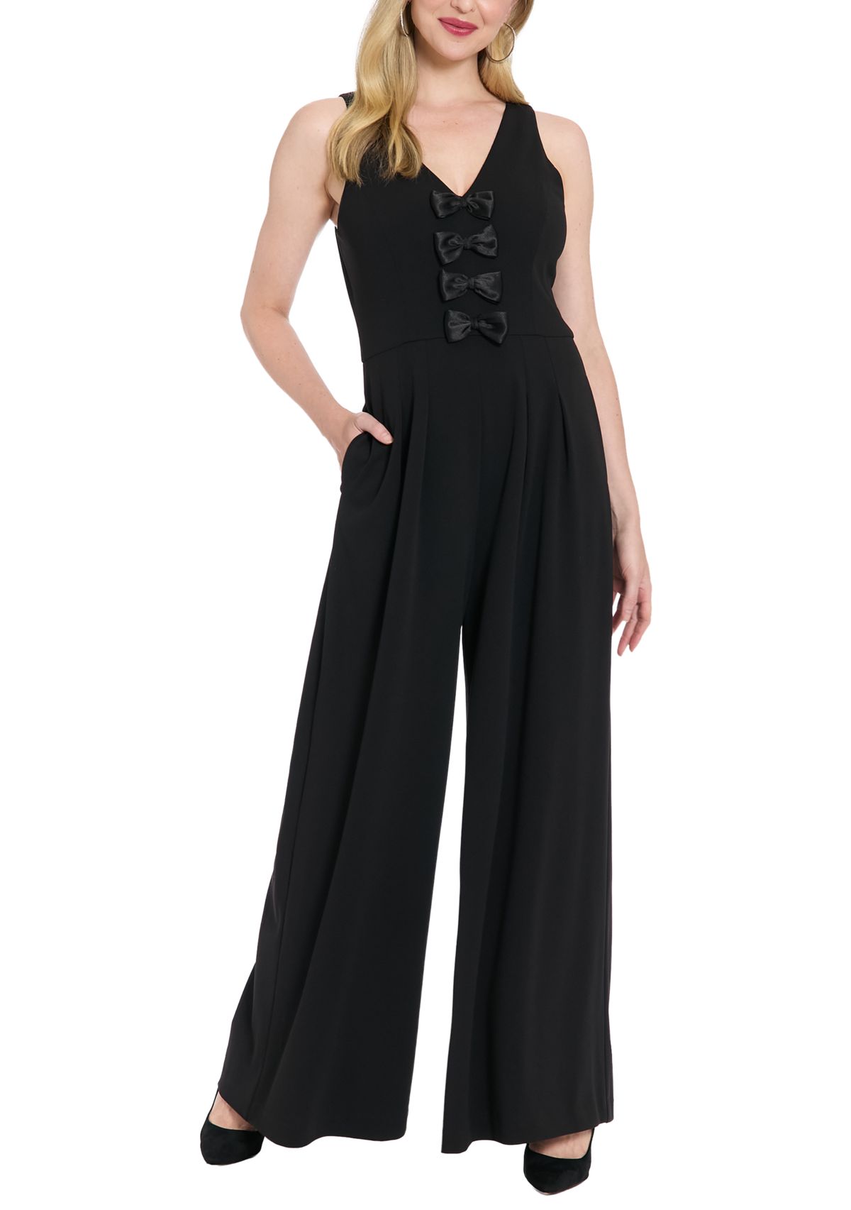 Womens V-Neck Scuba Jumpsuit with Bows