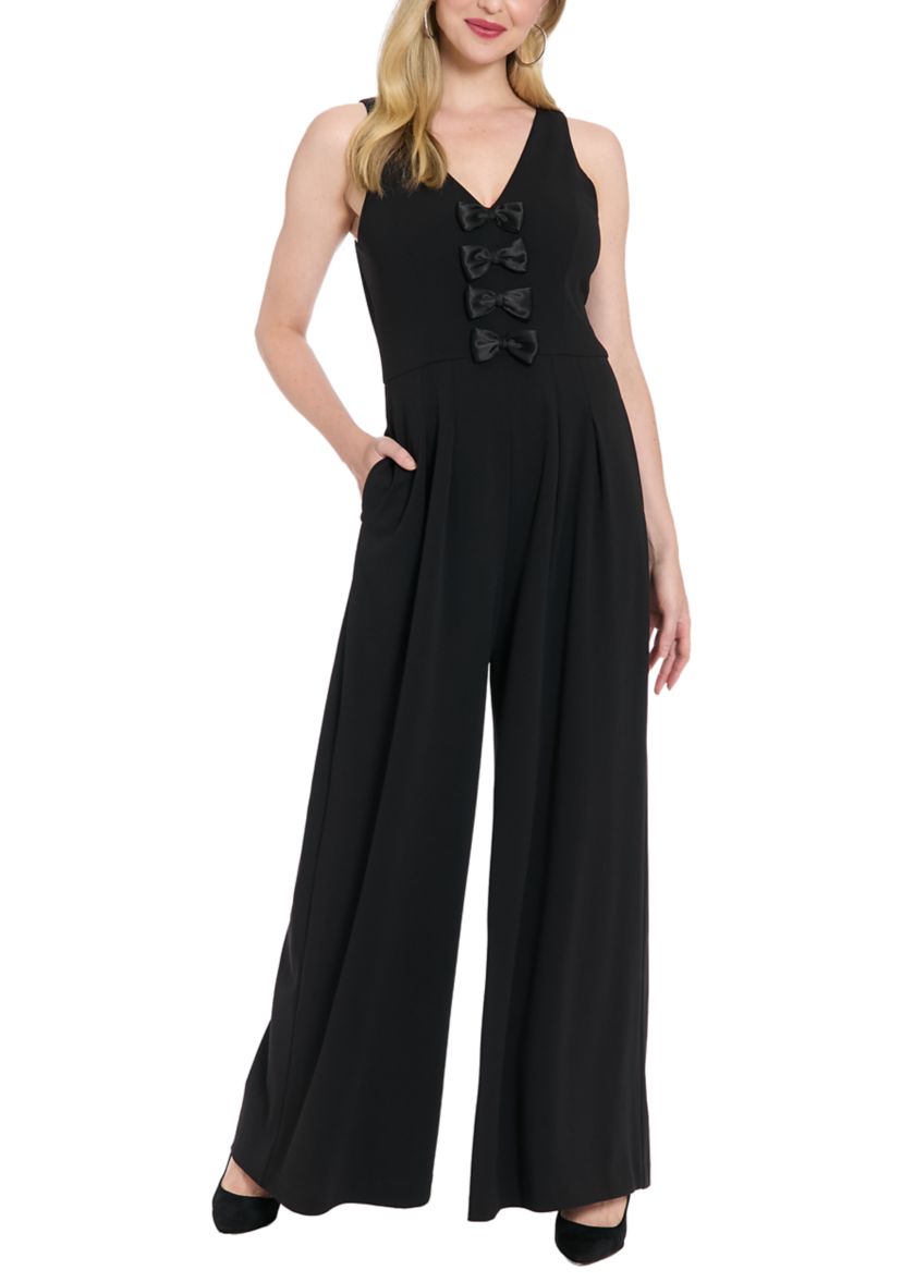 Womens V-Neck Scuba Jumpsuit with Bows
