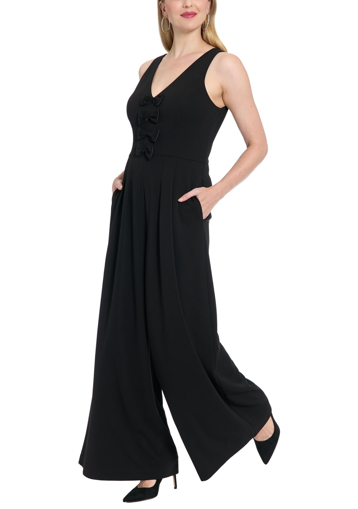 Womens V-Neck Scuba Jumpsuit with Bows