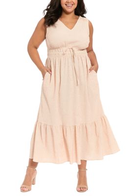 London Times Women's Plus Size Seersucker Striped Tie Waist V-Neck Maxi Dress