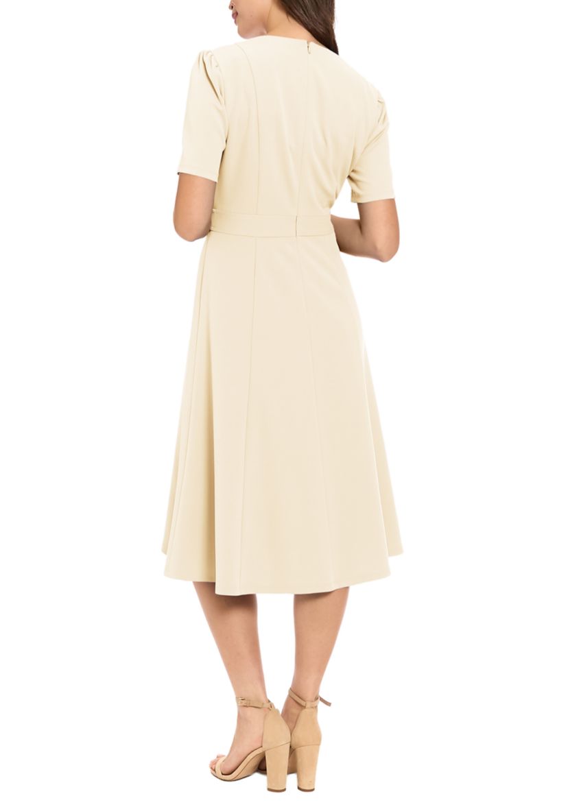 london times short sleeve midi fit flare dress London Times Petite Short-Sleeve V-Neck Midi Dress