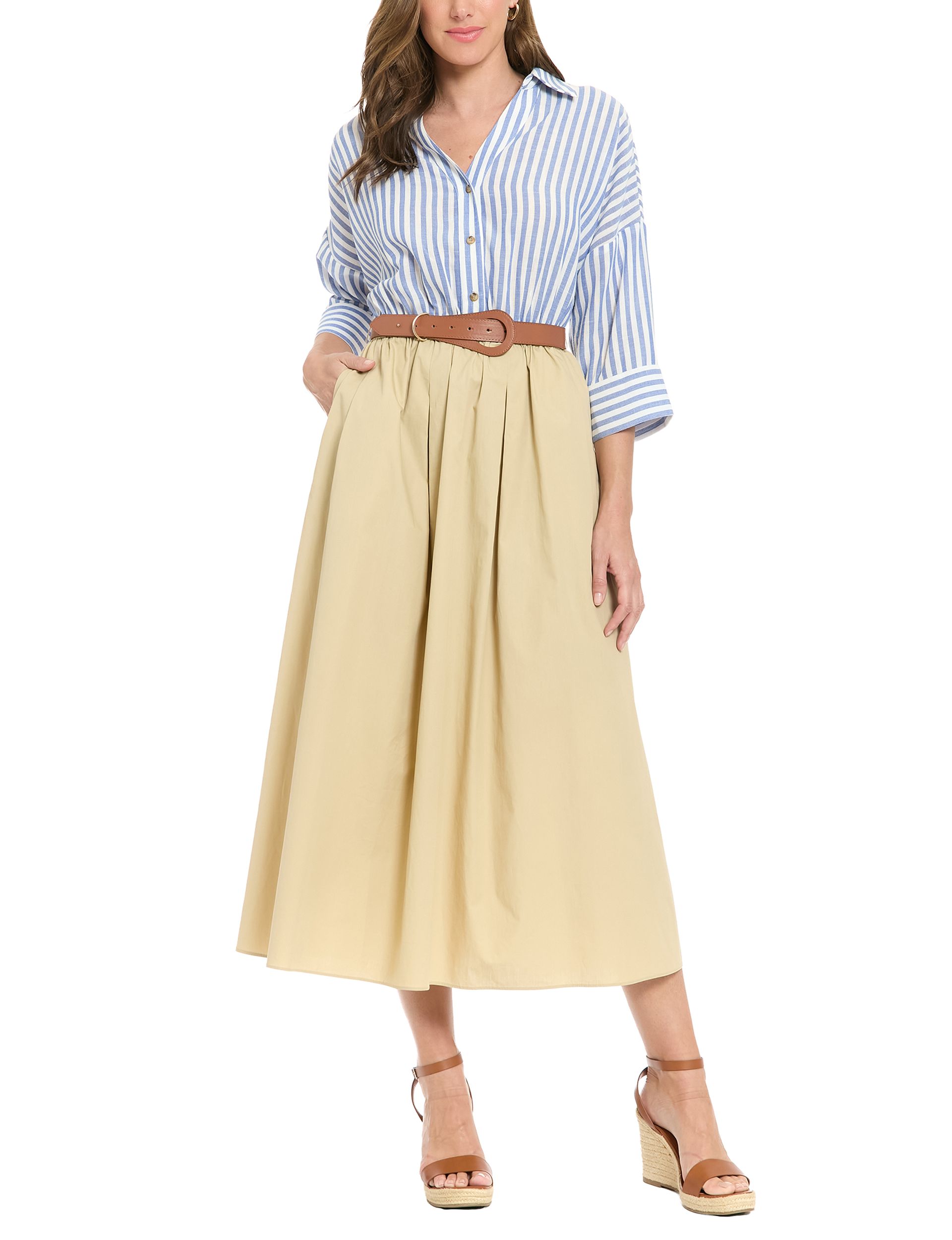 London Times Women's Belted Twofer Midi Dress (Khaki Blue White)