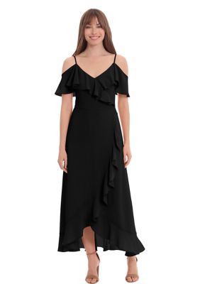 Women's Short Sleeve Cold Shoulder Solid Ruffle Maxi Dress