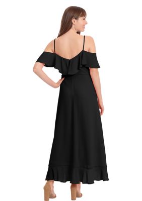 Women's Short Sleeve Cold Shoulder Solid Ruffle Maxi Dress