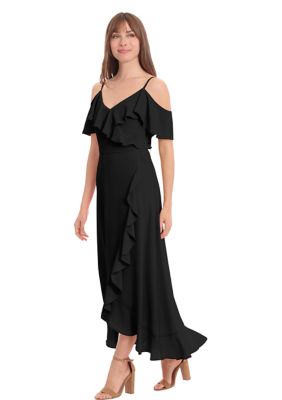 Women's Short Sleeve Cold Shoulder Solid Ruffle Maxi Dress