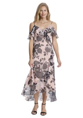 Women's Ruffle Cold Shoulder and Flounce Hem Maxi Dress