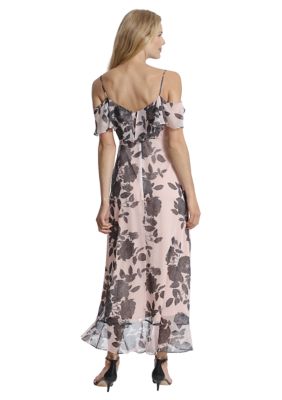 Women's Ruffle Cold Shoulder and Flounce Hem Maxi Dress