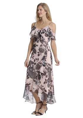 Women's Ruffle Cold Shoulder and Flounce Hem Maxi Dress