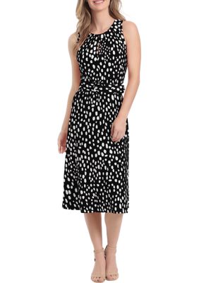 Women's Sleeveless Hard Belted Dot Print Fit and Flare Dress
