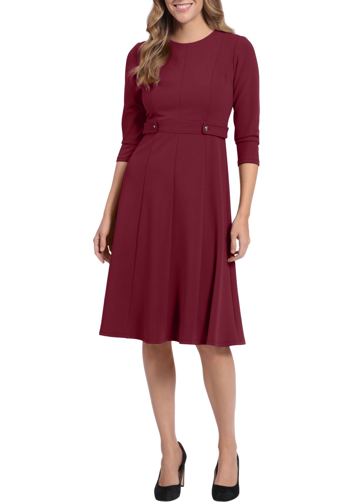Womens 3/4 Sleeve Waist Tab Midi Dress