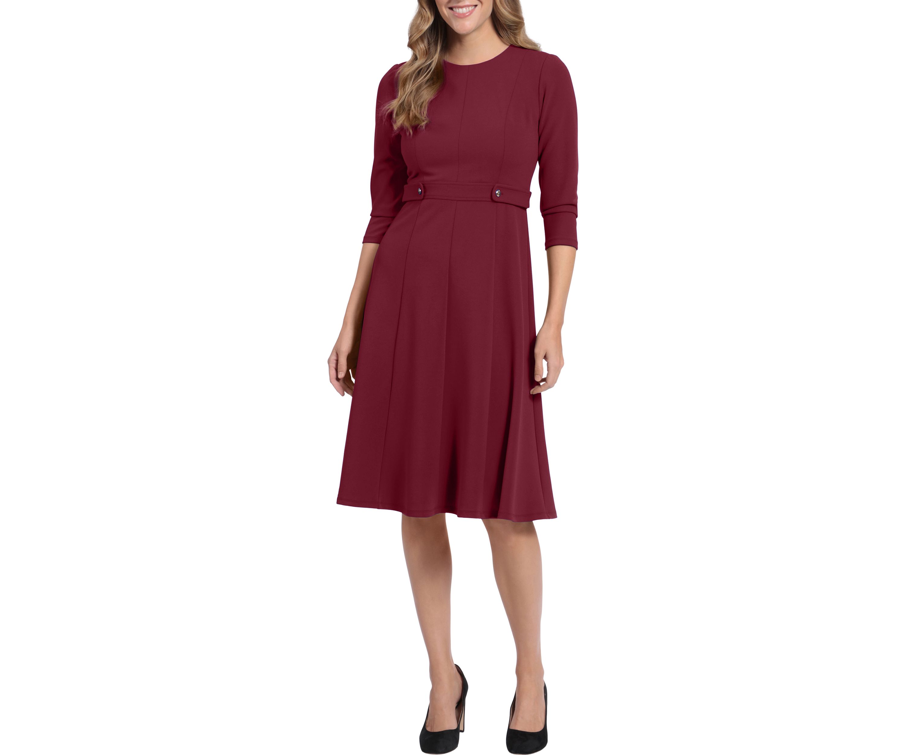 Womens 3/4 Sleeve Waist Tab Midi Dress