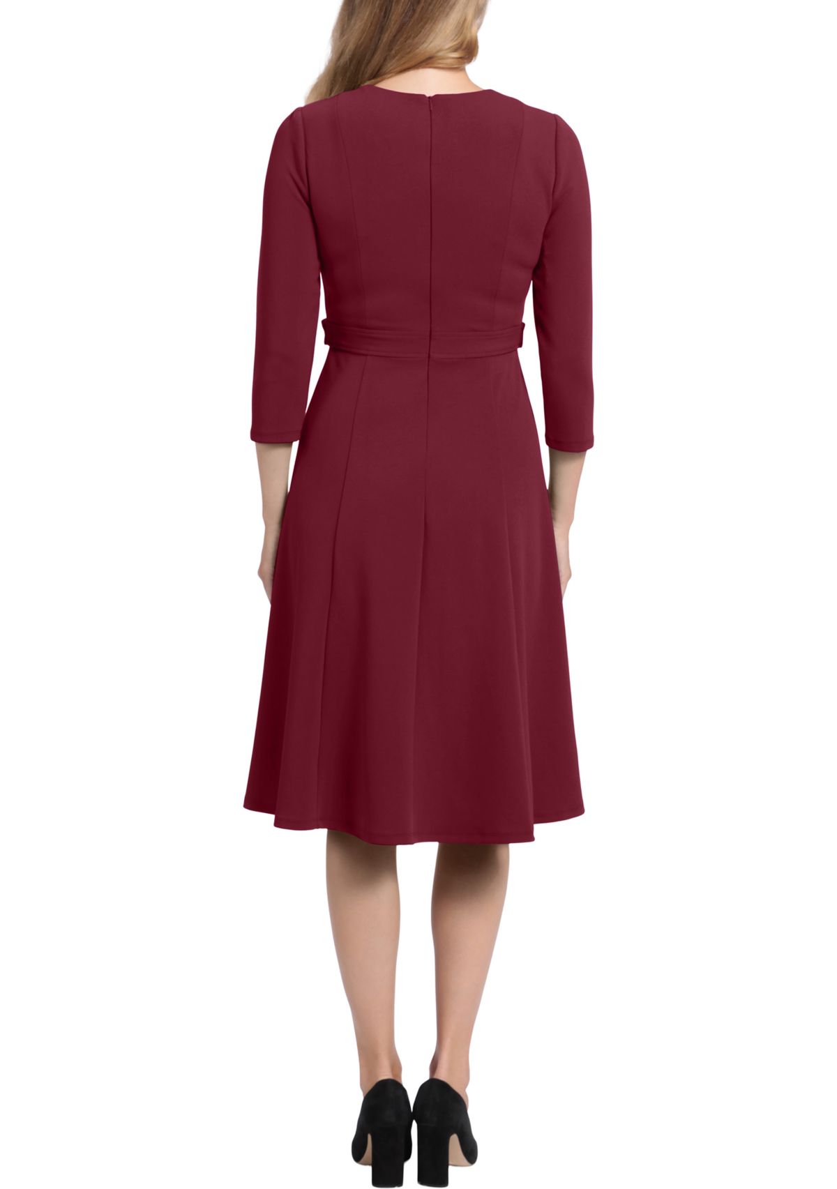 Womens 3/4 Sleeve Waist Tab Midi Dress