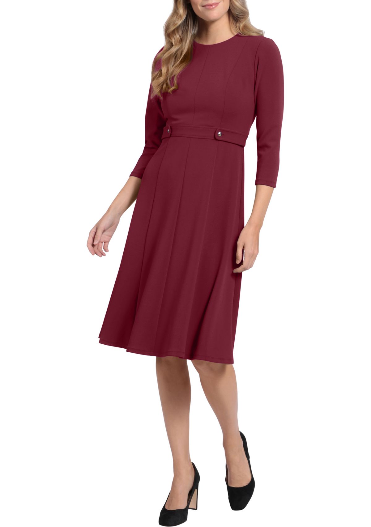 Womens 3/4 Sleeve Waist Tab Midi Dress
