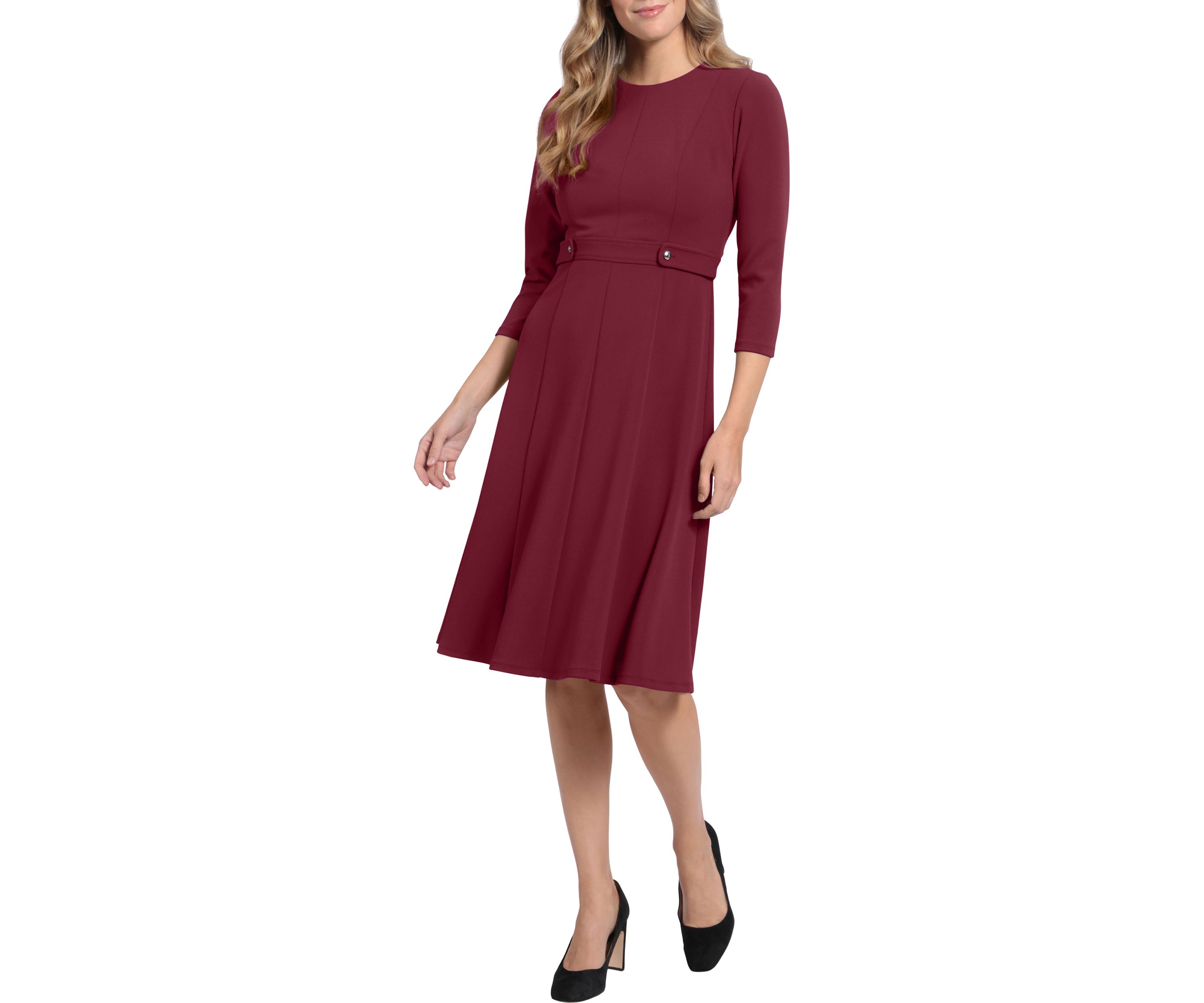 Womens 3/4 Sleeve Waist Tab Midi Dress