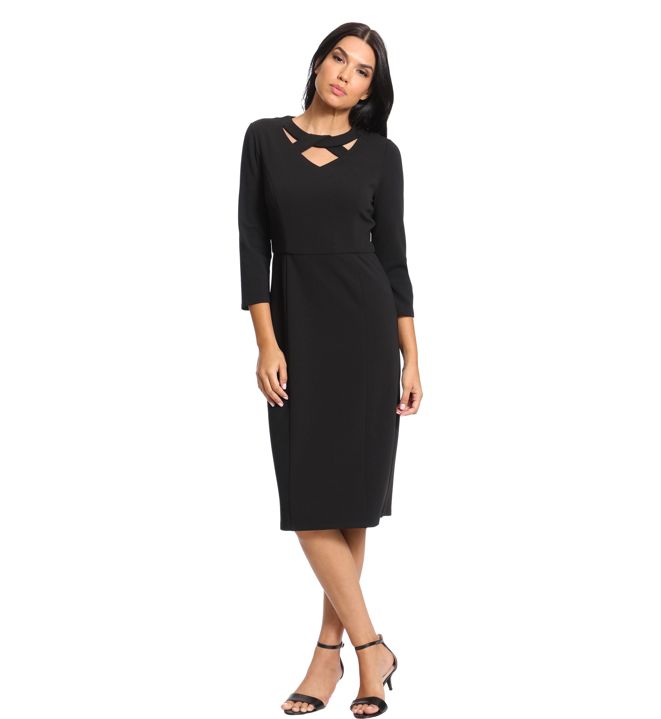 Womens Solid Scuba Crepe Crisscross Neck Sheath Dress