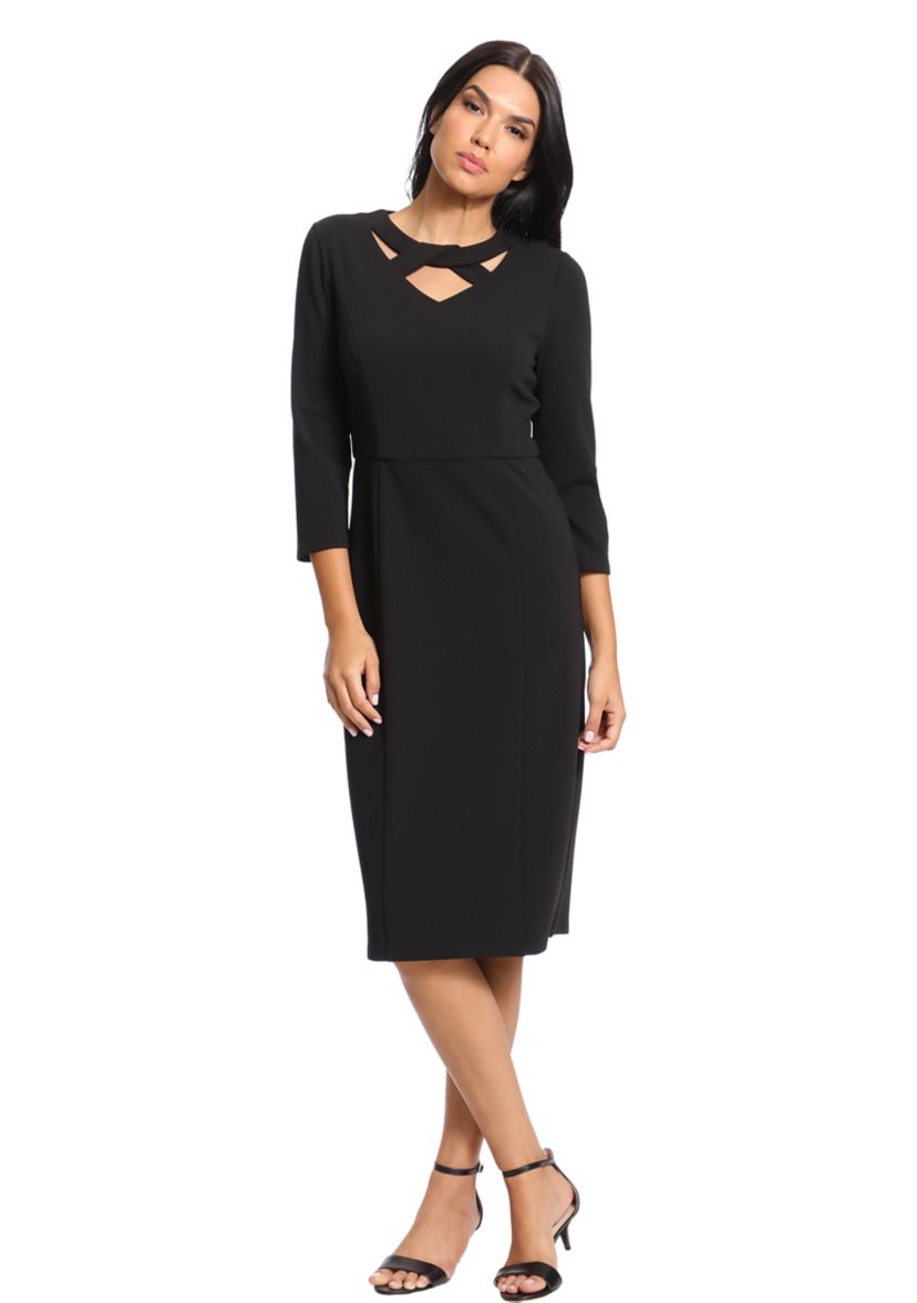 Womens Solid Scuba Crepe Crisscross Neck Sheath Dress