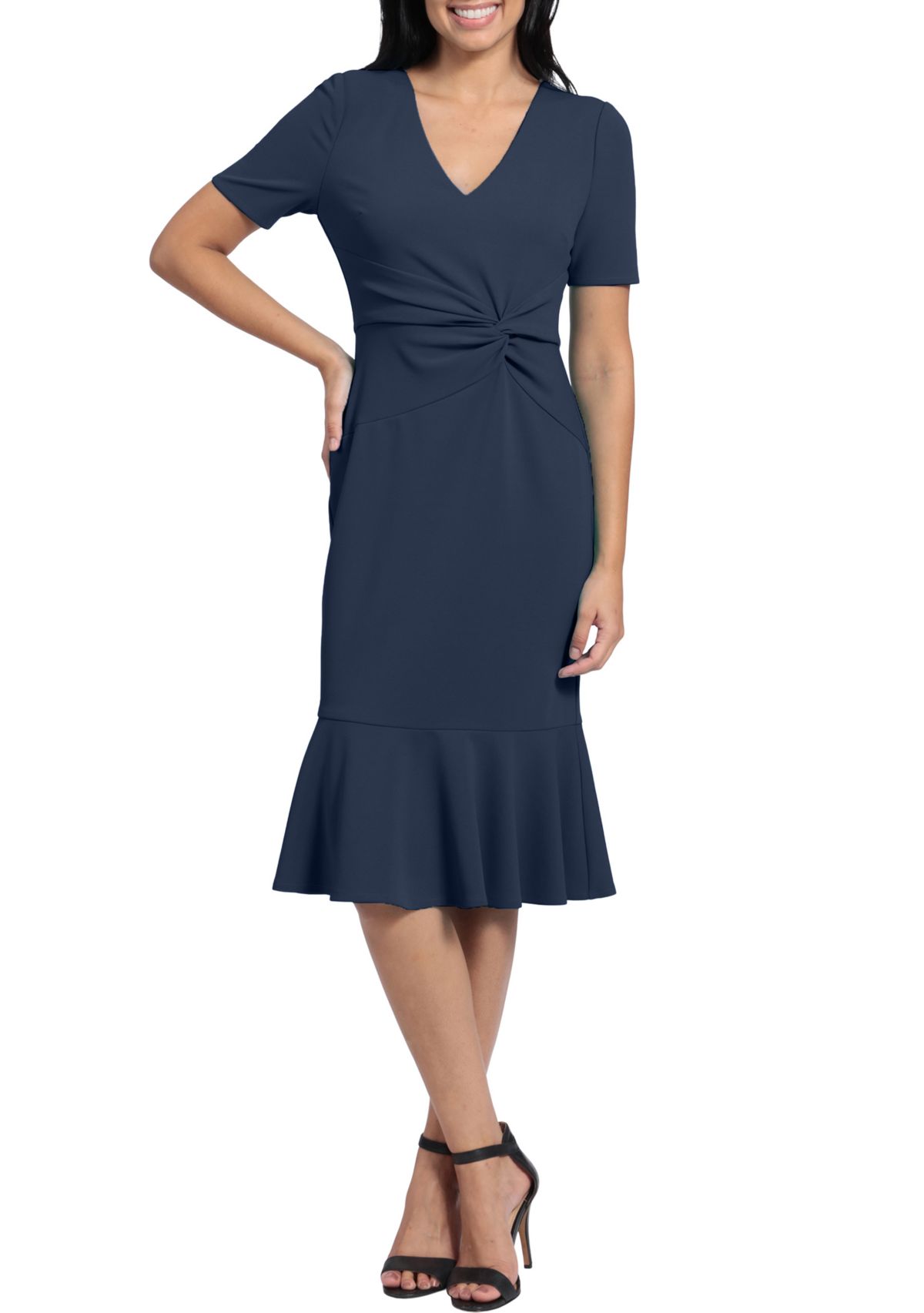 Womens Short Sleeve Side Knot Flounce Hem Scuba Crepe Sheath Dress