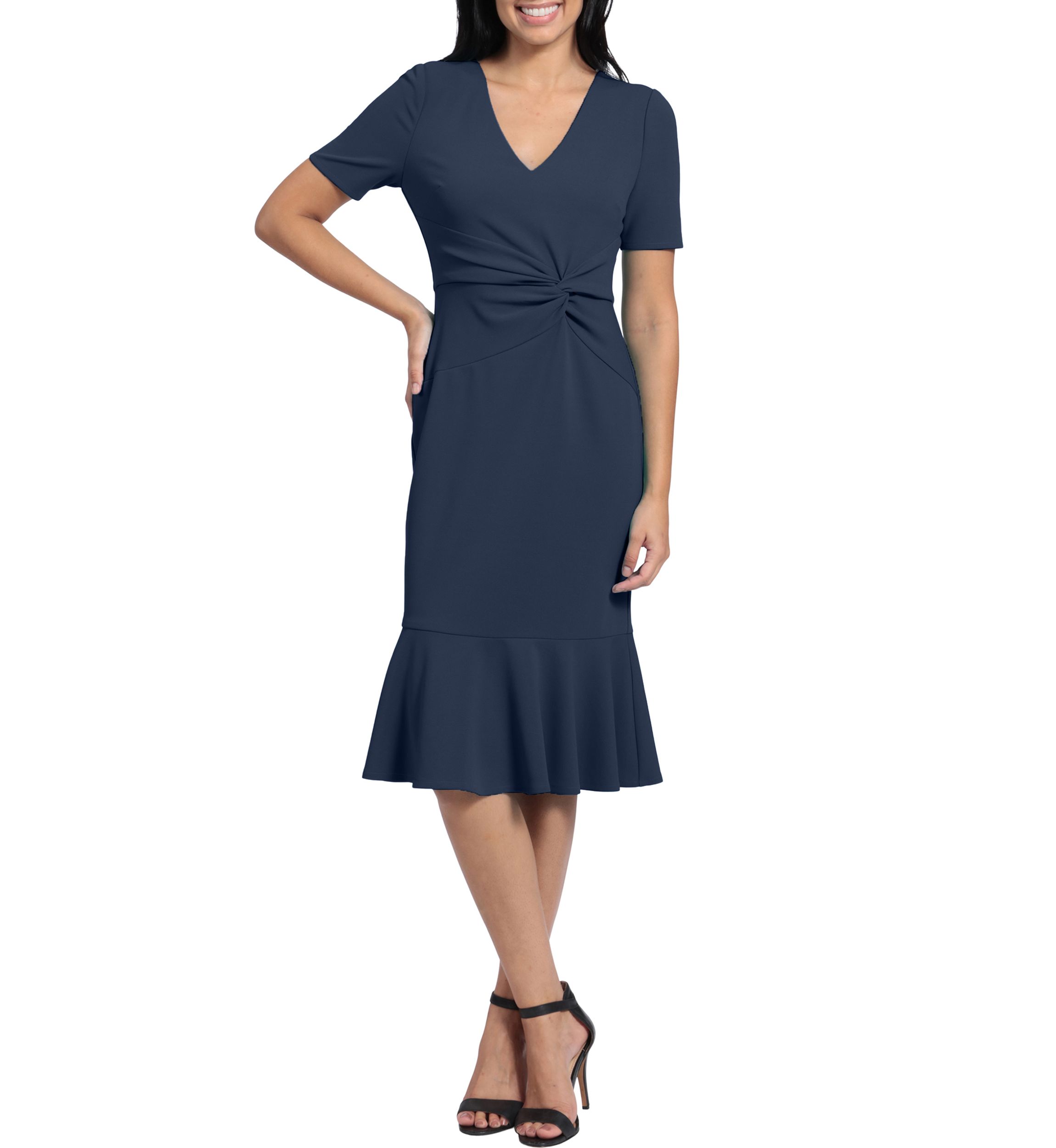 Womens Short Sleeve Side Knot Flounce Hem Scuba Crepe Sheath Dress
