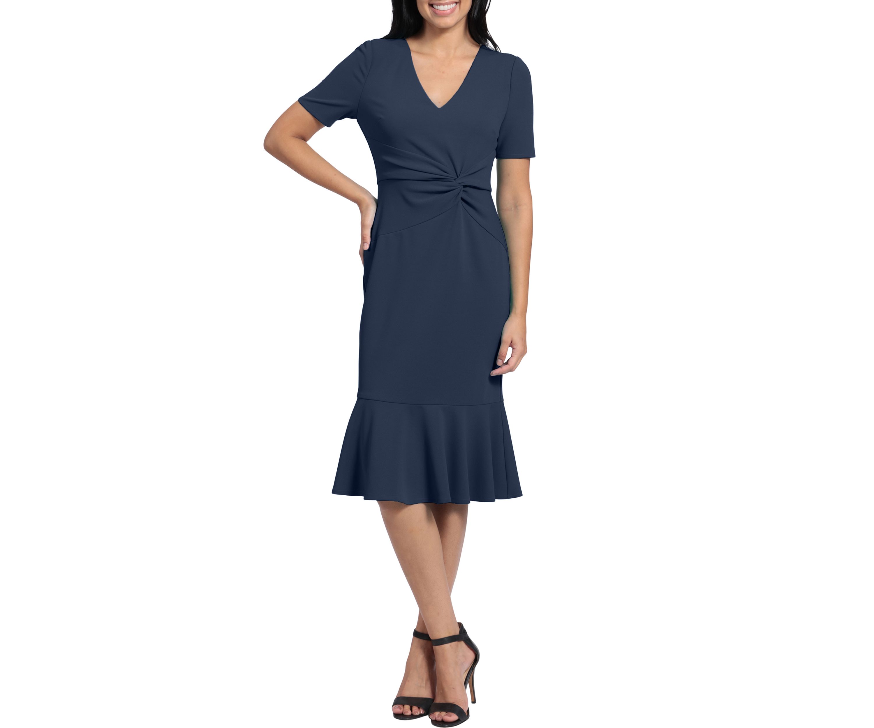 Womens Short Sleeve Side Knot Flounce Hem Scuba Crepe Sheath Dress