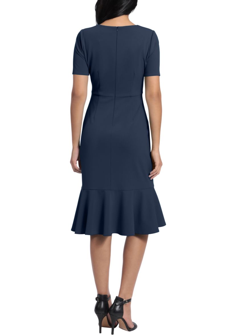 Womens Short Sleeve Side Knot Flounce Hem Scuba Crepe Sheath Dress