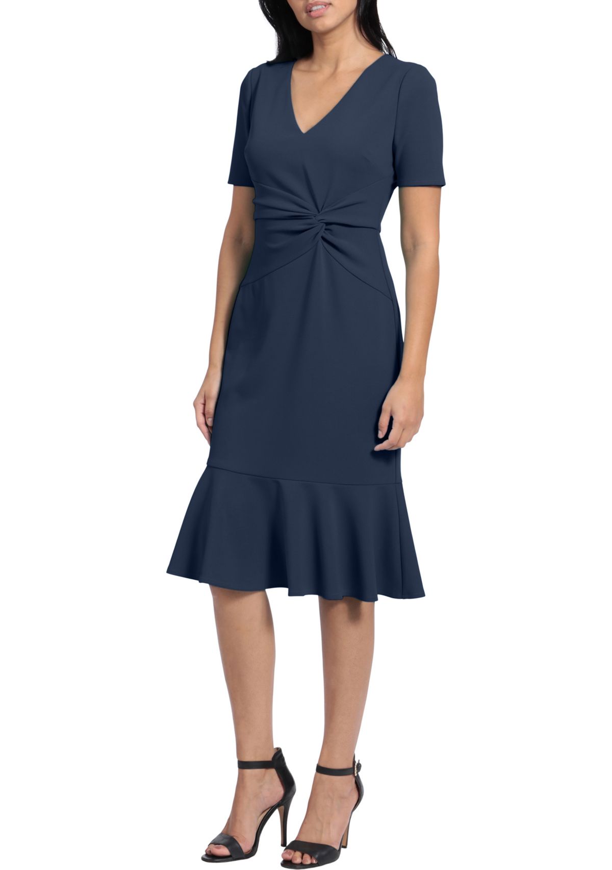 Womens Short Sleeve Side Knot Flounce Hem Scuba Crepe Sheath Dress