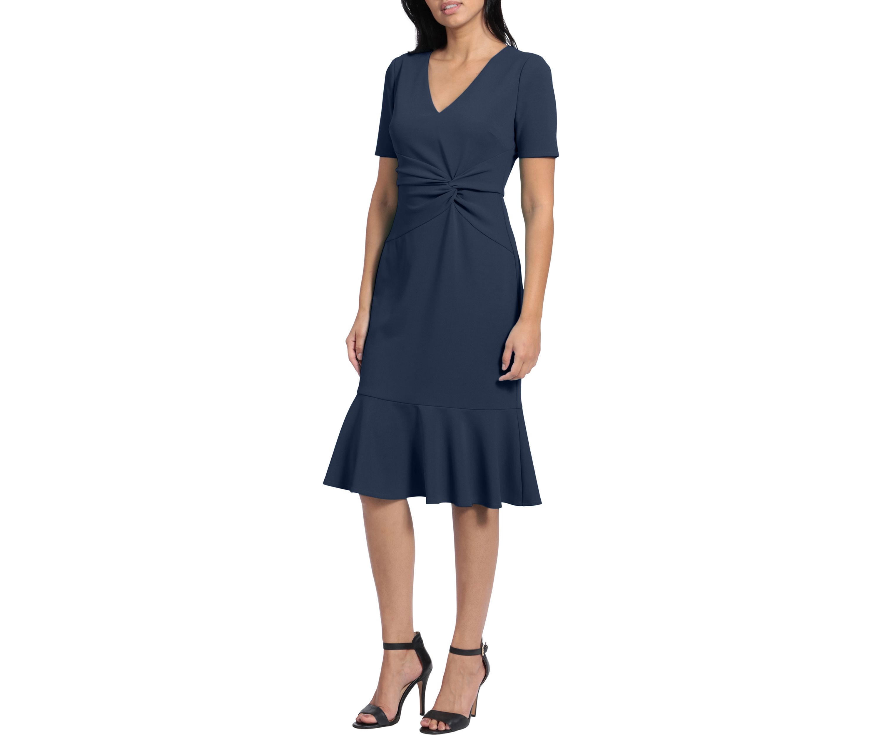 Womens Short Sleeve Side Knot Flounce Hem Scuba Crepe Sheath Dress