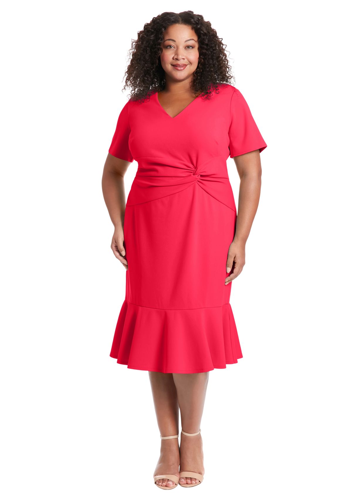 Plus Size Short Sleeve V-Neck Midi Dress